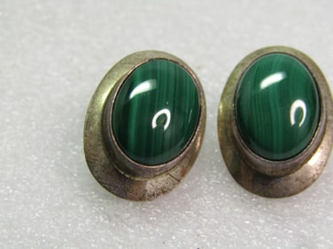 Vintage Sterling Southwestern Malachite Earrings, Pierced, Native American, Handmade on Card