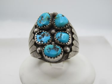 Vintage Sterling Turquoise Cluster Ring, Sz. 11.25, Signed NJ, 1970's-1980's