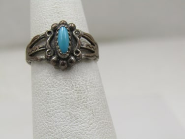 Vintage Sterling Southwestern Turquoise Ring, Sz 4.5, 1960's-1970's