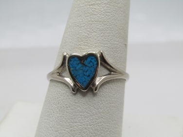 Vintage Southwestern Turquoise Chip Heart Ring, Sz. 9, Silver Plated, 1980's, Signed