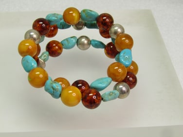 Southwestern Sterling, Turquoise, Amber, Beaded Coiled Bracelet, Jay King, 1990's-200