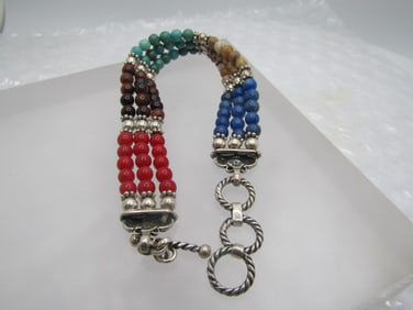 Sterling Southwestern Beaded Bracelet, Triple Strand, 7"-8", Signed QT