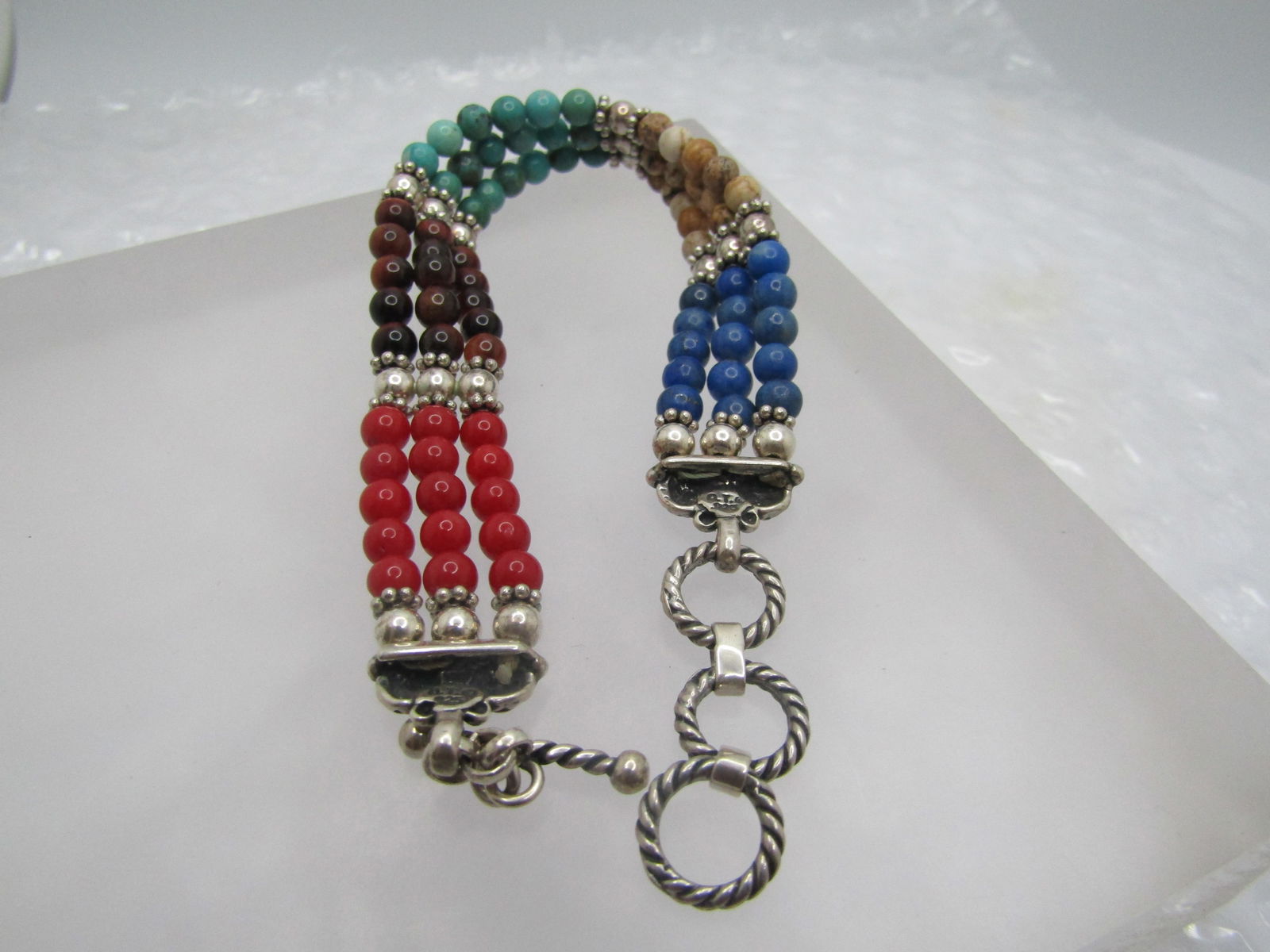 Sterling Southwestern Beaded Bracelet, Triple Strand, 7"-8", Signed QT (1 of 5)