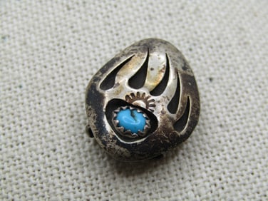 Vintage Sterling Southwestern Turquoise Button Cover, Bear Claw