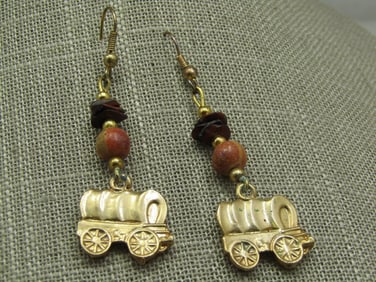 Southwestern Gold Tone Wagon Train Earrings, Pierced, 2.25"