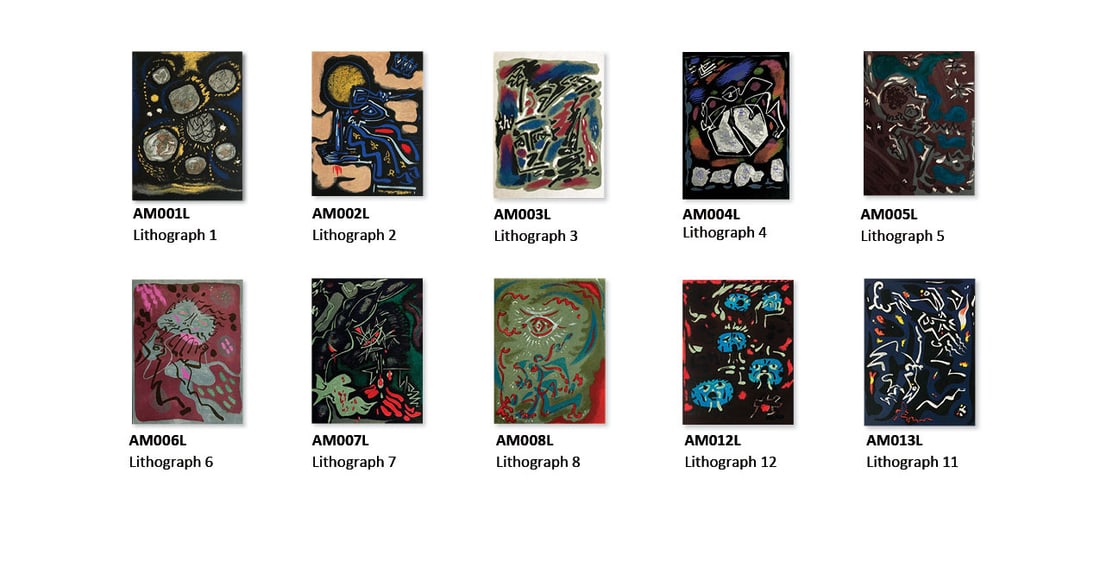 Andre Masson Selection of 10 Original lithographs 1962: We are currently showcase a selection of 10 original lithographs by André Masson, printed in 1962 at Mourlot Press in France. Each lithograph measures 10.75 x 8.25 inches and has an authenticity