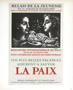 Picasso Lithograph 61 Relais de jeunesse 1959: Title: Relais de jeunesse Artist: Pablo Picasso Country: Spain Medium: Lithograph - 61 Paper size: 12.50 X 9.50 inch Printed: 1959 by Mourlot Freres, France Provenance: Art in posters Book 1959