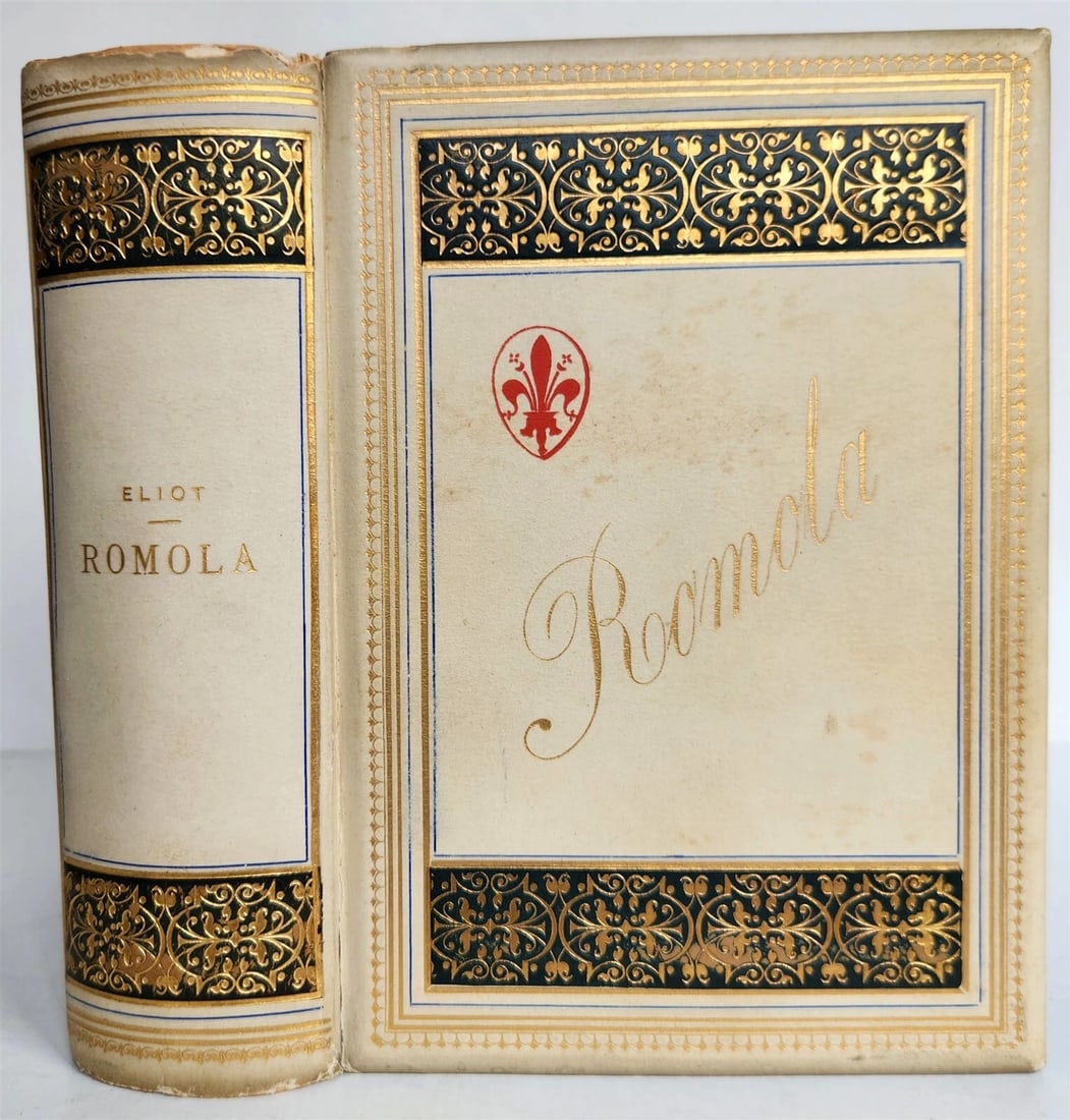 1863 ROMOLA by GEORGE ELIOT antique ILLUSTRATED w/20 TIPPED IN PHOTOS: ROMOLA by GEORGE ELIOT Leipzig: Bernard Tauchnitz; 1863 2 volumes in one Original embossed vellum, spines and covers decorated in gilt. decorative endpapers Fully illustrated with 20 tipped in real al