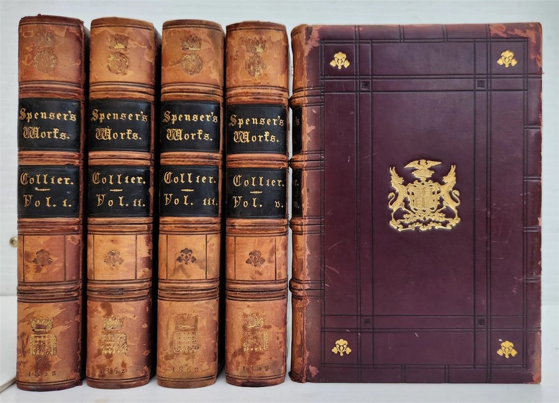 1862 WORKS of EDMUND SPENSER antique 5 VOLUMES DECORATIVE BINDING poetry (1 of 13)
