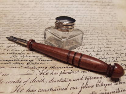 Small Square Clear Inkwell Ink Pot with Wood Dip Calligraphy Pen: Charming 1 3/4" High x 1 1/2" wide Reproduction antique Clear glass inkwell. With a 7" Long reproduction of an antique turned wood dipping pen. This pen accommodates the included removable metal tip.