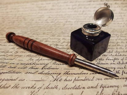 Glass Square Cobalt Blue Inkwell Ink Pot with Dip Calligraphy Pen: Charming 1 5/8" wide x 1 7/8" Reproduction antique cobalt blue glass inkwell. With a 7" Long reproduction of an antique turned wood dipping pen. This pen accommodates the included removable metal tip.
