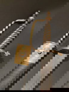 Aged English Infantry Hanger Sword: Sword Blade length from tip to hilt is 26? – Brass Hilt is 4-1/2 x 6 x 3? – Overall Sword Only length is 31-1/2? – Leather and brass scabbard is 29? – Sword inserted into Scabbard has a overal