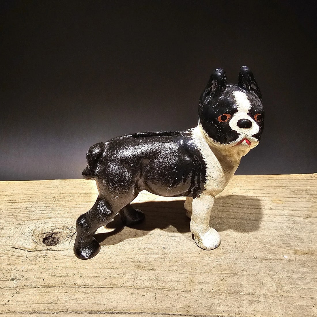 5" Cast Iron Boston Terrier Dog Coin Bank Door Stop: 5" Long x 4 5/8" Tall Reproduction vintage-style cast iron coin bank, shaped like a standing Boston Terrier. It measures approximately 5 inches in length and is made of heavy, durable cast iron, with
