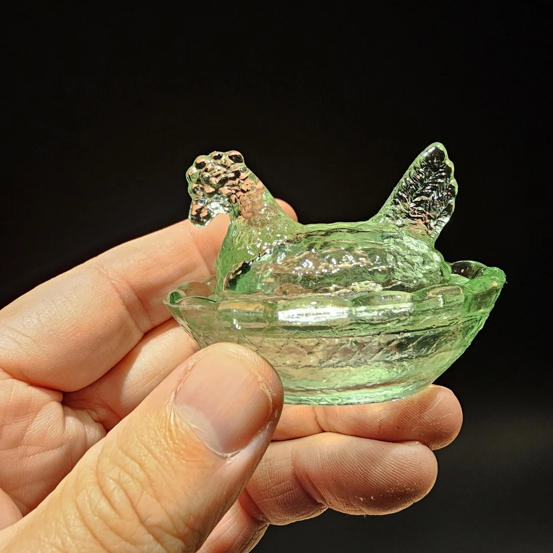 Miniature Green Depression Glass Chicken Hen On Nest Dish (1 of 14)