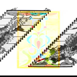 25" Stained Glass Window Hanging Panel Suncatcher: 25" (H) x 18.11" (W) Such a wonderful reproduction stained glass window panel. This panel is a true testament to the beauty and craftsmanship of stained glass art, and it is the perfect addition to an