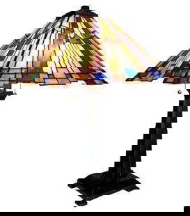 24" 2 light Stained Glass Geometric Mission Table Lamp: 24" tall 15" wide shade Illuminate your space with the timeless beauty of our reproduction stained glass table Lamp. This exquisite lamp features a hand-made stained glass shade. These captivating rep