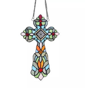 13" Stained Glass Cross Window Hanging Panel Suncatcher: 13" x 7.9" Beautiful reproduction handmade cross design, handcrafted with tiffany-stained glass. The hand crafted Tiffany panel is made up of hand cut, stained art glass and glass beads, expertly piec