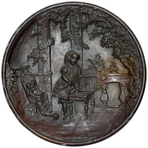 Round British 19th Century Bronze Wall Plaque Girl Playing Garden Summer House
