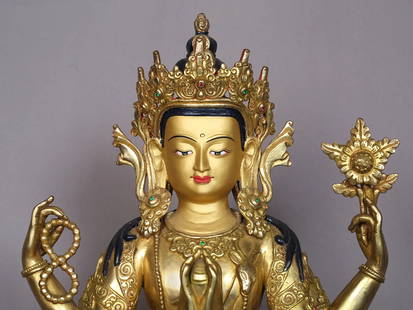 14" Tibetan Buddhist Deity Chenrezig Copper Statue from Nepal: Title: 14" Tibetan Buddhist Deity Chenrezig Copper Statue from Nepal Description: COPPER WITH GOLD PLATED Height: 14 inch Width: 10 inch Depth: 9 inch Weight: 4 kg Additional Information: Chenrezig, k