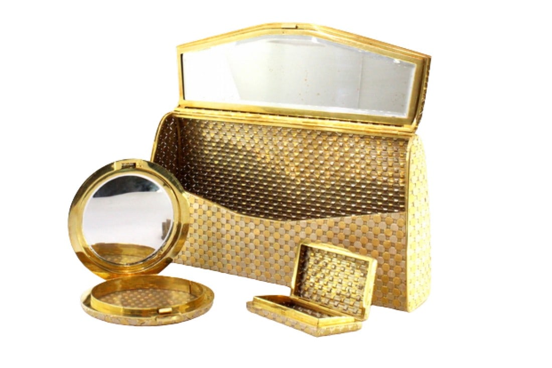 TWO-TONE GOLD TOILETRY SET, FANNY PACK WITH MIRROR, MAKE-UP CASE AND PILL BOX WITH VARIEGATED WORK: Title: TWO-TONE GOLD TOILETRY SET, FANNY PACK WITH MIRROR, MAKE-UP CASE AND PILL BOX WITH VARIEGATED WORK Description: Two-tone gold toiletry set, pouch with mirror, make-up case and pill box with sha