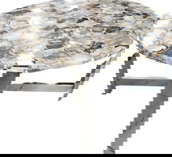 Designer Mid-Century Modern vintage agate/onyx and Chrome coffee or cocktail table. In the manner of: Designer Mid-Century Modern vintage agate/onyx and Chrome coffee or cocktail table. In the manner of Milo Baughman. 30 in diam x 15 in high Shipping: Domestic: Shipping rates are determined by destina
