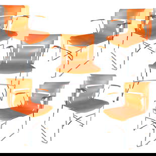 Sets, Rare Orange Stylex "Rythm" Armchair by Sva Cvek, Sets of 5: About the Item This piece is a simple, yet elegant modern "Rhythm" armchair featuring a chromed steel base with a molded "black twilight" plastic seat. The chair was designed by Sava Cvek for the