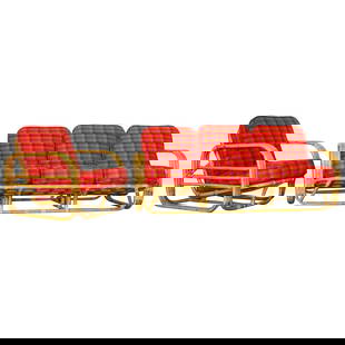 Restored Streamline Art Deco Rattan Living Room Set: About the Item Streamline Art Deco rattan living room set which includes one lounge chair and a matching three-seat sofa. Each seat features rounded three strand rattan arms with three decorative