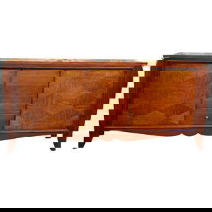 Elegant French Art Deco Sideboard: About the Item A beautiful French Art Deco Djo Bourgeois style sideboard with medium stain diamond pattern and wood inlay with elegantly tapered legs. The sideboard features 3 storage cabinets and a s