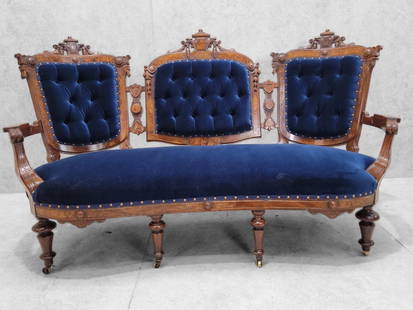 Antique Victorian Eastlake Style Carved Tufted Parlor Settee Newly Reupholstered in Blue Velvet: Vintage from before 2000 19th Century Victorian Eastlake Style Carved Burl-Walnut Tufted Parlor Settee Newly Restored & Reupholstered in "Royal Blue " VelvetAntique high quality victorian Eastlake sty