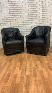 Vintage Black Italian Draped Leather Barrel Back Club Chairs by Neidermier - Pair: Vintage from the 1970s Materials: leather Overall width: 26.5 inches Overall height: 34 inches Overall depth: 31 inches Seat height: 18 inches Vintage Mario Bellini Style Custom Fitted Black Italian D