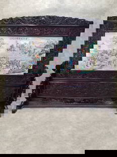 Antique Chinese Porcelain Ornate Rosewood Dragon Motif Frame Screen/Room Divider: Vintage from before 2000 Read the full description Materials: hardwood, rosewood, porcelain, wood, ceramic Width: 103 inches Height: 83 inches Depth: 20 inches Antique Chinese Hand Painted Porcelain w