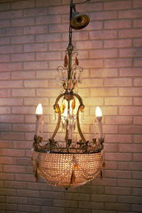 Antique French Victorian Chandelier With a Crystal Beaded Bowl: Vintage from before 2000 ** Shipping is NOT Free, please read below how to get a shipping quote. Antique French Victorian Gilt Bronze Chandelier with 3 Arms Emanating from a Crystal Beaded Bowl Light