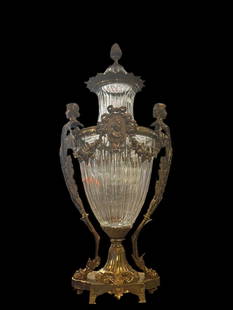Antique French Gilt Bronze Diamond Cut Baccarat Crystal Urns Signed - Pair: Vintage from before 2000 Antique Signed French Gilt Bronze Mounted Diamond Cut Baccarat Crystal Urns - Pair This pair of beautiful urns feature bronze detailing and French diamond and channel cut Bacc