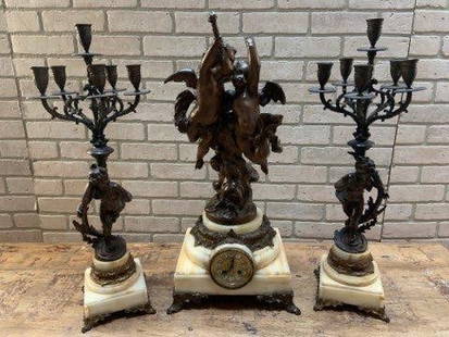 Antique French Louis XVI Style Albert Ernest Carrier Belleuse Figural Clock and 2 Candelabras -: Vintage from before 2000 Antique French Louis XVI Style Albert Ernest Carrier Belleuse Clock and 2 Candelabras - Garniture Set Amazing figural garniture set!!! The set is signed. Circa 1800's The cloc