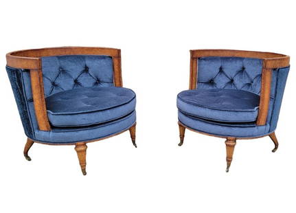 Mid Century Modern Barrel Back Tufted Lounge Chairs Newly Upholstered Blue Mohair - Pair: Vintage from before 2000 Materials: brass, metal, mohair, wood, walnut Overall width: 25.5 inches Overall height: 27 inches Overall depth: 27 inches Seat height: 16.5 inches Seat width: 25.5 inches Mi