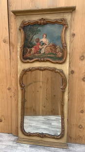 Antique French Trumeau Parcel Gilt Mirror with Painted Canvas: Vintage from before 2000 Antique French Trumeau Parcel Gilt Mirror with Painted Canvas This beautiful late 1800s French trumeau parcel-gilt wall/mantel mirror has an oil painting that is a romantic hi