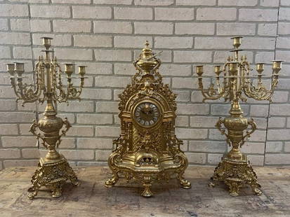 Antique Victorian Ornate Mantel Clock and 2 Candelabras - Garniture Set: Vintage from before 2000 Materials: glass, metal, brass Antique Victorian Ornate Brass Mantle Clock and 2 Candelabras - Garniture Set This beautiful 3 piece brass garniture set is a perfect addition t