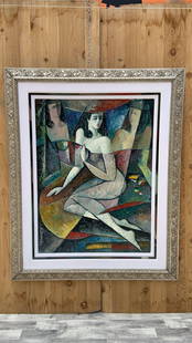 Vintage Art Deco Framed Oil on Canvas Painting Wall Art Wall Decor: Vintage from before 2000 Vintage Art Deco Framed Oil on Canvas Painting Wall Art Wall Decor Cool large Art Deco painting in a silver frame. Signed Circa 1995Dimensions: H 64&#8221;W 52&#8221;D 1&#8221