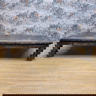 Exquisite Handcrafted Elm Wood Coffee Table Repurposed from a Traditional Chinese Bed: Vintage from the 19th century Materials: elm, lacquer, patina, wood Width: 58.5 inches Height: 13 inches Depth: 20 inches Antique Shanxi Province Elm Coffee Table Cut From Chinese Bed Circa 1880s H 13