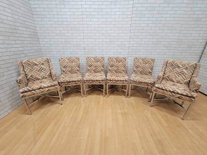 Mid Century Modern Milo Baughman Chrome Base Dining Chairs - Set of 6: Vintage from the 1960s Materials: fabric, metal, chrome Mid Century Modern Milo Baughman Chrome Base Cushion Top Dining Chairs in Original Fabric - Set of 6 2 Armchairs & 4 Chairs Set Selling as is or