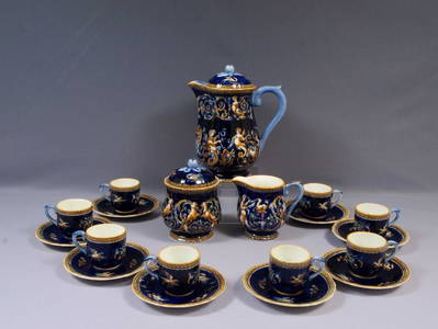 GIEN France Renaissance Fond Blue Bleu Coffee Tea Set Teapot Creamer Faience