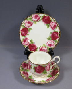 Royal Albert OLD ENGLISH ROSE Dessert Plate Coffee Tea Cup Saucer Trio Setting: This is a gorgeous TRIO set of Dessert/Salad Plate, Cup and Saucer. The set is made by Royal Albert in England in Old English Rose pattern. It is properly marked with Royal Albert Crown China back