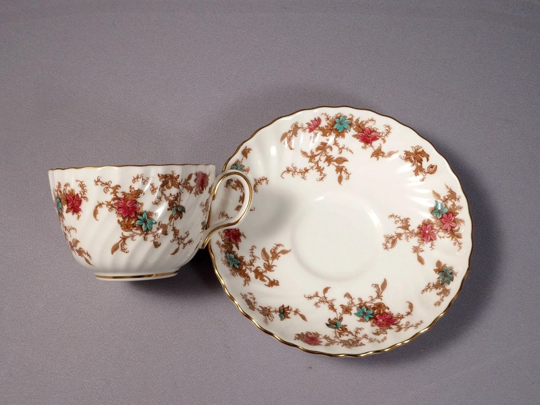 MINTON ANCESTRAL Coffee Tea cup Saucer Set Newer S376: This is one gorgeous set of one Tea/Coffee cup and saucer, from the famous ANCESTRAL collection by Minton - Made in England. The pattern is with swirling shape, brown leaves and flowers, raised pink a