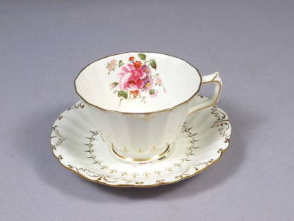 Royal Crown Derby ASHBY Posies Tea Teacup Coffee Cup Saucer Set England: This is a beautiful set of one Tea/Coffee Cup with Saucer. The set is from ASHBY Pattern with Posies center by Royal Crown Derby. The pieces are enhanced with gold scrolls at the rim. The saucer has