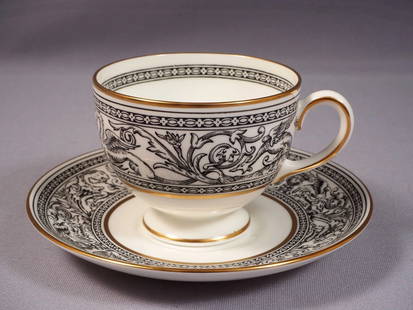 Wedgwood FLORENTINE BLACK Coffee Tea Cup Saucer Set W4312 England: This is very rare and beautiful Tea/Coffee Cup and Saucer Set made by WEDGWOOD in Florentine Black pattern. The pieces are hallmarked on the bottom with Wedgwood black and gold stamp. The set