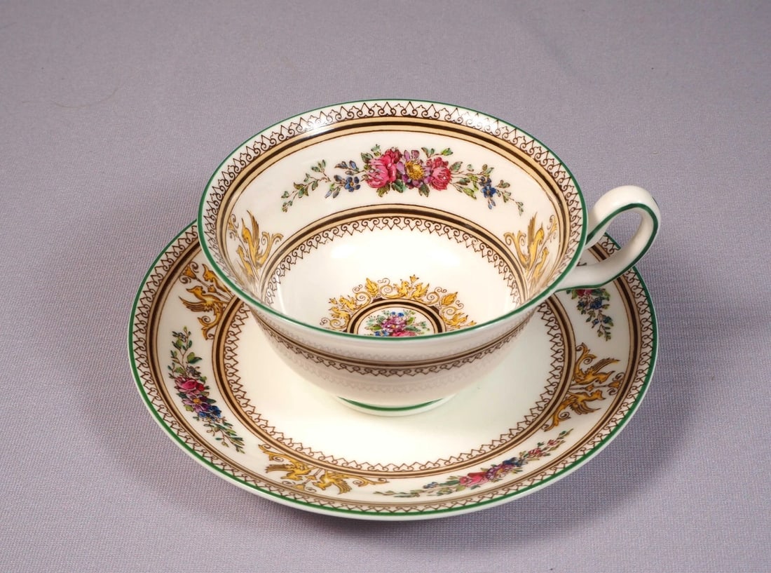 Wedgwood COLUMBIA Coffee Tea Cup Saucer England 595 Griffons Floral Large: This is very rare and beautiful set of one Coffee/Teacup with Saucer made by WEDGWOOD in Columbia pattern. This pattern was first introduced in 1924. It is characterized by an ornate border with flowe