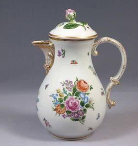 MEISSEN Tall Large Coffee Tea Pot Germany Antique Gold Flowers Crossed swords