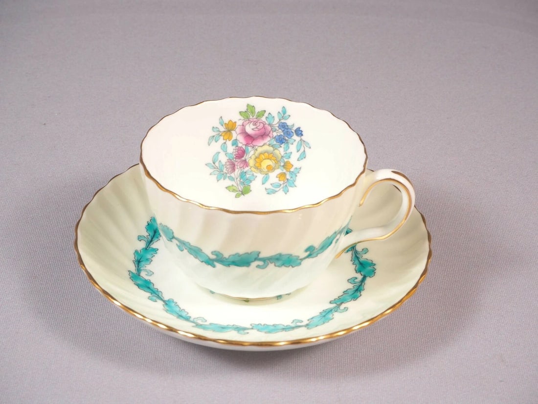 Minton Ardmore Coffee Tea Cup and Saucer Set Vintage England Turquoise: This is one gorgeous set of one tea/coffee cup and saucer from the famous Ardmore pattern by Minton - Made in England. The pattern is with swirling shape, turquoise leaves, and flowers. The pieces are
