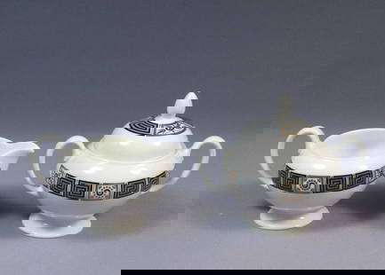 Wedgwood ASIA Black Sugar Bowl and Creamer Milk Jug Set England R4288: This is a beautiful Sugar Bowl and Creamer set. It is made by WEDGWOOD in ASIA Black pattern. The pieces are hallmarked on the bottom with Wedgwood backstamp. The set includes: 1 (one) Covered Sugar b