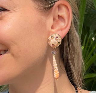 14-K Pink Scallop Sapphire Earrings: Title:14-K Pink Scallop Sapphire Earrings Description:Charming, rare Pink Scallop earrings set with colored Sapphires, drops of lavender Amethyst & rare Terebra shells. 14-K Gold pierced. Reserve: $1,